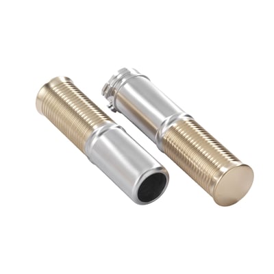 Aluminum and brass with a satin finish. Fits 1" diameter handlebars and will take single or dual throttle cables. At Kustom Tech style is King. It clearly shows in these handlebar grip sets in which each grip consists of two separate parts, smooth for the inner and ribbed for the outer piece, for an ultra cool Kustom look. 

Note: Great to style match with Kustom Tech hand controls. 
Note: Optional ribbed grip ends, with different finishes, are separately available to make grip sets in various combination finishes. 
For optional ribbed grip ends see: 
914956 Polished brass. 
914957 Satin brass. 
914958 Chrome aluminum. 
914959 Polished aluminum. 
914960 Satin aluminum. 
914961 Black anodized aluminum. 
914962 Black anodized contrast cut.