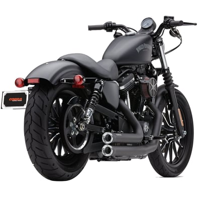 Black with chrome tips. Cobra's Speedster systems combine traditional styling and modern performance technology. These Speedster Shorts offer double barrel shotgun-styled pipes featuring full-length, 222-degree heat shields and finished with a set of Race-Pro style tips, black tips on chrome pipes and chrome tips on black pipes. The Cobra PowerPort technology helps to increase overall power from idle to redline, delivering the type of power increase you'd expect from a 2-into-1 system while retaining the clean classic lines of 2-into-2 pipes.