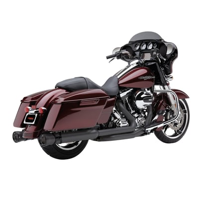 Matte black with gloss black muffler strap. Great flow & go. Internal technology is identical to the tried & proven PowrFlo and Tri-Flo mufflers. Comes with a 4" diameter body, expanding after the muffler strap, to 4 1/2". These slip-ons are an excellent choice for those that want that extra performance and a super deep sound from a traditional muffler. Destinctive styling elements, like the clamshell laser cut muffler strap, give it that little extra without becoming overkill. This one fits the traditional lines of the Harley-Davidson Touring motorcycle like a glove.