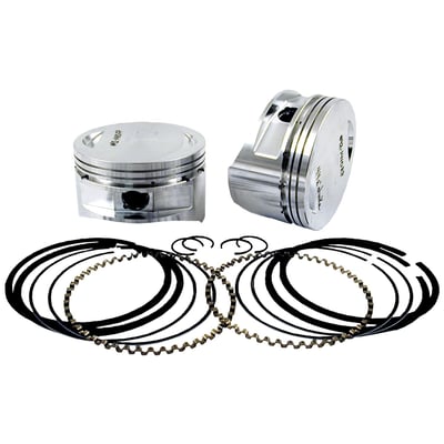 Replacement forged piston set. Fits all 100" and 107" 4" bore Super Sidewinder engines. Will also fit the special (out of production) 100" Evo type retro-fit engine for Shovel chassis, which is equipped with small diameter flywheels. Incl. pistons, wrist pins, wristpin clips and piston rings.
Note: In any and all applications the technician must be able to judge components for their suitability in combination with the other engine components, prior to installation. It is of importance that a knowledgeable mechanic will install & make adjustments as required. The rider must follow standard break-in and riding procedures for overhauled engines.