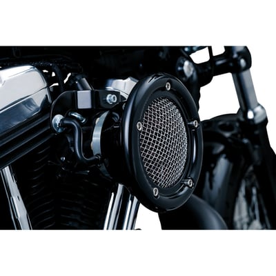 Gloss black with a polished stainless steel screen. 
Velocity stacks are cool but wreak havoc in your engine during regular street use. The authentic looks of a velocity stack with excellent engine protection of a genuine K&N filter element sums up the Velociraptor. A filtered velocity stack, ready for the real world!