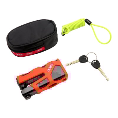 With a 13 mm locking bolt made from hardened special steel. Security level 17. Extremely high protection against theft. Small, easy to handle, compact and secure. Easy handling thanks to the sliding mechanism. Open the lock, let the slide slip out with the locking bolt, guide the bolt through the brake disc from the inside, push the lock body towards the bolt and lock with the key. XPlus cyclinder for highest level of protection against tampering, e.g. picking. Non-slip, protective rubber coating. Includes a Memory Cable – to remind you about the lock before setting off and 2 keys are supplied with the lock. Brake disc lock inner clearance length 45mm. Weight 780 grams.

Note: Lock holder 524085 is separately available.