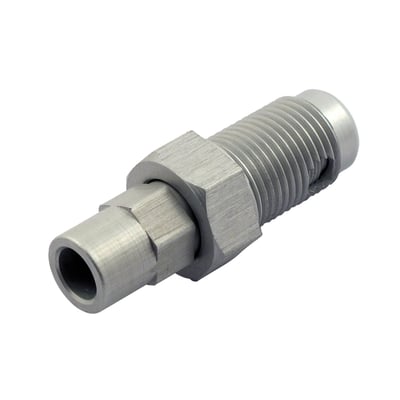 Gray anodized aluminum. Used to drain your oil tank, without spilling a drip. The fitting, 5/8-18 threaded, is installed in the oil tank. The actual plug works like a brake bleed nipple. Just attach a hose and open the plug. Oil will flow through nipple and hose, without any nasty spillage.