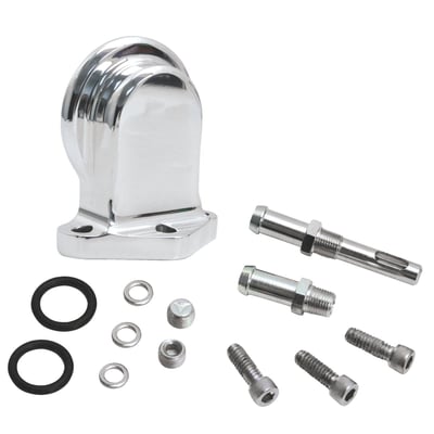 Polished billet aluminum. Special machining for oil cooler installation option. Extra clearance between oil filter & crankcase.
Note: Will not fit Softail models