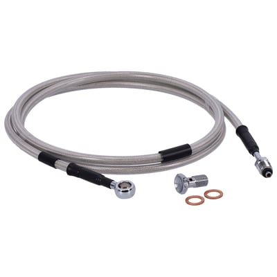 Pre-assembled clear coated stainless braided hose with chrome fittings. High quality clutch lines with excellent pressure resistancy. Can be used with H-D or custom aftermarket hydraulic clutch conversion kits. Fits 7/16-20 threaded transmission end covers. Comes with 10mm banjo for the master cylinder. 
Note: Will not fit late models with Assist & Slip clutch. 
This comes with approval
Note: Check your local MCS dealer or the MCS sales department for exact type of approval and validity on bike model and years on the test report.