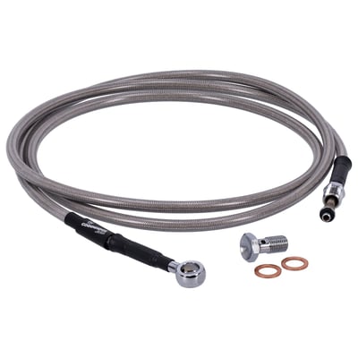 Pre-assembled clear coated stainless braided hose with chrome fittings. High quality clutch lines with excellent pressure resistancy. Can be used with H-D or custom aftermarket hydraulic clutch conversion kits. Fits 7/16-20 threaded transmission end covers. Comes with 10mm banjo for the master cylinder. 
Note: Will not fit late models with Assist & Slip clutch. 
This comes with approval
Note: Check your local MCS dealer or the MCS sales department for exact type of approval and validity on bike model and years on the test report.