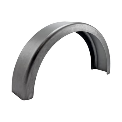 - 125mm wide. 
- 308mm radius. 
- 96cm long. 
- 2mm thick. 
Flat top styled. Especially designed for bikes without suspension, therefore the fender can be mounted closer to the tire. A special, smaller, radius is used to let the fender 'hug' the tire better, to get that cool low custom look that only a rigid frame can provide. 

Note: Length is measured around the radius. Width is measured from inside to inside and mentioned for reference only.