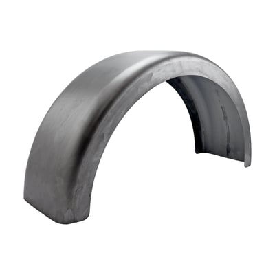 - 200mm wide. 
- 350mm radius. 
- 107cm long. 
- 2mm thick. 
Flat top styled. Especially designed for bikes without suspension, therefore the fender can be mounted closer to the tire. A special, smaller, radius is used to let the fender 'hug' the tire better, to get that cool low custom look that only a rigid frame can provide. 

Note: Length is measured around the radius. Width is measured from inside to inside and mentioned for reference only. 
