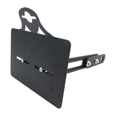 Black. With an extra long bracket allowing additional forward/backward adjustment options. Designed for use with 516109 & 516098 (STOP-taillights), 901819 & 901839 (Mini Cateye taillights), 903387 & 903388 (Retro taillights). For Dutch (NL) and Belgian (B) license plates measuring 145mm x 210mm.  Made from 1.5mm thick aluminum, with a black wrinkle powder coated finish. For left and right side use. The horizontal elongated mounting holes allow further horizontal adjustments for a snug fit on the bike. The L-shaped mount bracket is 35mm wide and made of 6mm thick material. 

Note: Available with a series of different mounting point diameters to best suit your specific application. 
- 923755 10.5mm mount hole. Lower shock mount for most Japanese bikes. 
- 923756 13mm mount hole. Lower shock mount for many H-D models. 
- 923757 20mm mount hole. Wheel axle mount for many pre-2013 H-D models & customs with 3/4" (19mm) wheel axle. 
- 923758 26mm mount hole. Wheel axle mount for many 00-up H-D models & Customs with 1" (25.4mm) or 25mm wheel axle.