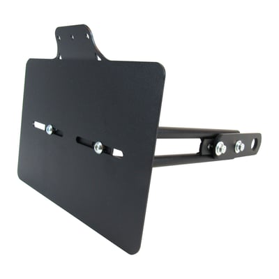 Black. With an extra long bracket allowing additional forward/backward adjustment options. Not designed for use with a taillight and license plate illumination must be ordered separately. For Dutch (NL) and Belgian (B) license plates measuring 145mm x 210mm. Made from 1.5mm thick aluminum, with a black wrinkle powder coated finish. For left and right side use. The horizontal elongated mounting holes allow further horizontal adjustments for a snug fit on the bike. The L-shaped mount bracket is 35mm wide and made of 6mm thick material.  

Note: License plate illumination not included and must be ordered separately. 
Note: Not designed for installation of a taillight. 
Note: Available with a series of different mounting point diameters to best suit your specific application. 
- 923759 10.5mm mount hole. Lower shock mount for most Japanese bikes. 
- 923760 13mm mount hole. Lower shock mount for many H-D models. 
- 923761 20mm mount hole. Wheel axle mount for many pre-2013 H-D models & customs with 3/4" (19mm) wheel axle. 
- 923762 26mm mount hole. Wheel axle mount for many 00-up H-D models & Customs with 1" (25.4mm) or 25mm wheel axle.