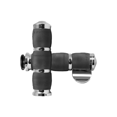 With medium outside diameter. Dimensions:  1.50" (3.8cm) O.D. x 5.5"(14cm) inside length. USA made high quality grip set. A special core bar with air pockets inside the grip body helps dampen vibrations and enhance comfort, an actual Air Ride for your hands. Soft serrated texture for no-slip confidence. With 6061 billet aluminium end caps and collars it is finished to perfection.