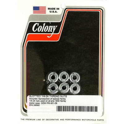 Reproduction zinc plated nuts as used on 1911-1929 V-Twins, 30-34 singles and 29-36 45" SV crankcases. 1/4-24 threaded. 
Note: Installation tool separately available as 989245.