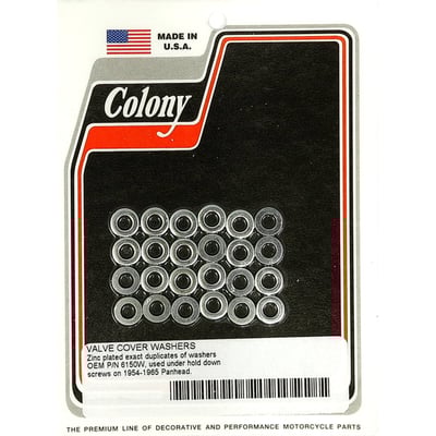 Zinc plated. Washers as used below the Panhead rocker cover screws. Use as required with long screws and aluminum D-Rings. Repl. 6150W.