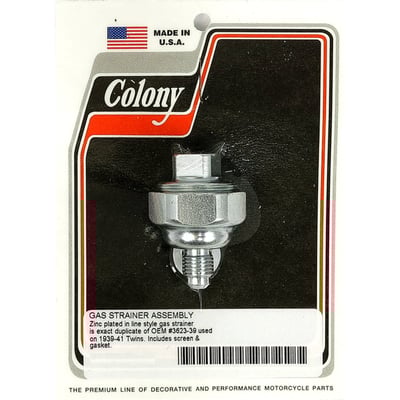 Zinc plated. 
Exact duplicate of the original gas / fuel strainer as found on the early H-D models. Includes cap, gasket and screen. 
OEM replacement reference 3623-39