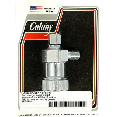 Zinc plated. 
Exact duplicate of the original gas / fuel strainer as found on the early H-D models. Includes cap, gaskets and screen. 
OEM replacement reference 3623-41M