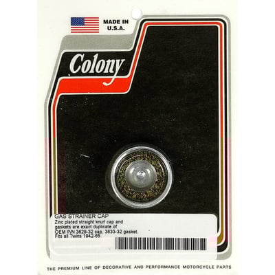 Zinc plated Striped Straight 42-65 style. 
Exact reproduction or the original item. 
OEM replacement reference 3629-32 cap & 3633-32 gasket. 
Note: 989831 brass (32-38 diamond knurled style) and 989832 chrome/929863 zinc (42-65 straight style) caps are identical. Difference is found in the styling only. 