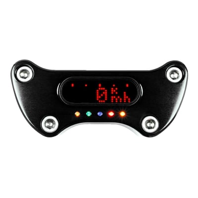 Black anodized. 
For 1" (25.4mm) mm handlebars. 
For use with H-D style riser mounting pattern. 
This MSM handlebar top clamp comes with 5 LED indicator lights in Red, Green and Blue. Outer 2 LEDs are amber for turn signal use. 
Approx. 50cm long connector cable.