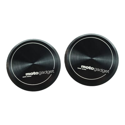Black anodized with logo.
Used with 930288 mo.grips handlebar grip set when in-bar turn signals are not used.