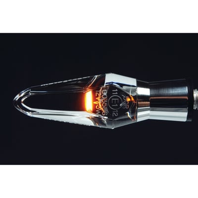 Polished aluminum finish. Black anodized finish. Turn signals with an 8mm threaded stud for universal applications. With 3W Power LED performance and special 180° lighting effect through the clear transparent glass-like material.
- ECE approved for both front / rear use. Largest diameter 20.5mm, OAL 83mm, OAL without thread 65mm, wiring length 100cm. With 3W power LEDs.