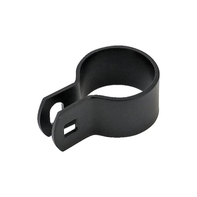 Black steel. 1-3/4" (4.4cm) inside diameter. Support clamp, front header to frame bracket with various rubber mount models. Direct replacement bracket for OEM applications.
