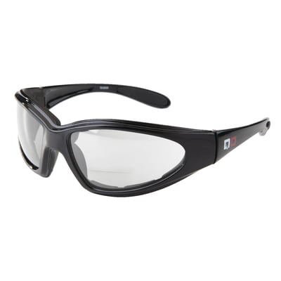 Clear lenses with a sturdy black polycarbonate frame with wide temples. Rubber pads on temple ends and high profile vented EVA foam. Maximum protection from the elements. These Bifocal riding glasses come with high quality optics, to give a clear view of everything coming your way, a must for a safe ride. Standard are shatter resistant polycarbonate lenses, scratch resistant lens coating, UV400 protection and a microfiber pouch. The bifocal system insures that instruments gauges, controls, navigation or even an old fashioned road map will have no secrets and places everything back in focus.