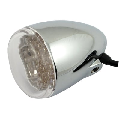 - Clear LEDs that emit amber light
- Clear lens
- Chrome housing