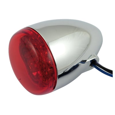 - Clear LEDs that emit red light 
- Red lens 
- Chrome housing