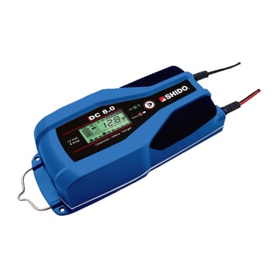 Will charge 12V lead-acid, AGM and Lithium LiFePO4 batteries. Manual charge selection for battery type and will select correct 2-8A charge cycles to maximize battery life. Can be used as trickle charger. Complete with integrated power supply enabling a no-data loss battery change.  Compatible with motorcycle and car batteries. 
- Power supply voltage 220-240V
- Digital display
- Slow or fast charge selection
- Frequency 50-60Hz
- Rated current (min-max) 2-8A
- Charging and testing stages 9
- Battery voltage 12V
- Charge capacity 5Ah ÷ 160Ah
- Maintenance capacity 5Ah ÷ 250Ah
- Memory saving feature 13.8V to 5V
- IP65 splash and dust proof for outdoor use
- Size 230 x 100 x 65mm
- Weight 1 kg