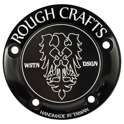 Black anodized, with contrast cut engraving. 
Rough Crafts is a well known Taiwanese builder and designer of exotic custom bikes. Parts are exclusively made small scale high quality in-house productions, as used on Rough Crafts bikes. This timer cover / ignition cover reflect another Taiwan that many of us never knew existed... the land of the individual and free!
