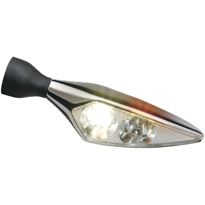 Chrome. 
Front Left. 
Turn signal with Position Light with clear glass. HighPower double LED Technology. ECE approved for front use.
Small, slim and super bright. HighPower LED Technology made it possible to create an EC approved turn signal that is not just small but travel-safe since its illumination power makes it, despite the dimensions, highly visible. Approx. dimensions: 62mm wide x 23mm high x 21mm deep. 
Note: See 934793 for matching Front Right turn signal.