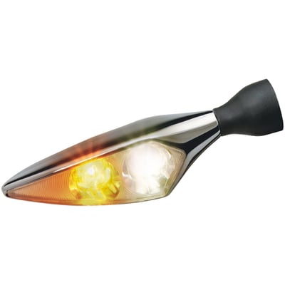 Chrome. 
Front Right. 
Turn signal with position light with clear glass. HighPower double LED Technology. ECE approved for front use.
Small, slim and super bright. HighPower LED Technology made it possible to create an EC approved turn signal that is not just small but travel-safe since its illumination power makes it, despite the dimensions, highly visible. Approx. dimensions: 62mm wide x 23mm high x 21mm deep. 
Note: See 934792 for Front Left turn signal.