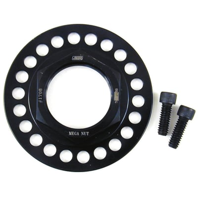 Nut with a built-in lock plate. Never a loose transmission pulley again, that is what the MegaNut is all about. The built-in lock plate in the JIMS MegaNut works with all OEM and aftermarket pulleys. Some aftermarket pulleys may require an additional hole to be drilled and tapped in the pulley, so the lock bolt can be installed. 
1-1/2-24 left hand threaded. 
Will not fit 6-speed models. 
OEM replacement reference 35211-91, 35211-91A, 35211-91B (nut), 40251-92A (lock plate) and 3594 (lock plate bolt). 
Note: Left hand threaded. 
Note: See 978332 (JIMS) or 925544 (MCS) for install & remove tool.