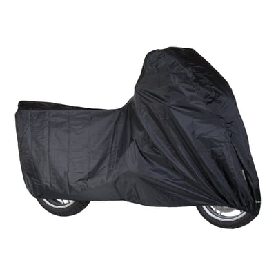 Motorcycle cover for robust outdoor protection. 
• Optimum protection against rain, dust, frost and UV. 
• Air vents to avoid condensation. 
• Lock holes to prevent theft. 
• Elastic hem for perfect enclosure. 
• Adjustable strap with snap closure holds cover in place. 
• Double-stitched seams for long lifetime. 
• Seams on te inside with anti-water tape. 
• 100% water- and dustproof. 
• Material: 300D polyester. 
• Heat resistant up to 150 °C. 
• Comes in handy storage bag. 
Note: Determine the right size of the cover by measuring the length, width and height of your motorcycle. The correct size of the cover has a length that is about 5-10 cm longer than your motorcycle length. For proper ventilation, we recommend to have the cover about 10-20 cm from the ground. In this way air can enter the cover from below and leave the cover through the air vents on top. If the dimensions lie between two sizes, then choose the larger of the two. Because the edge is elasticated, the cover will always fit well.