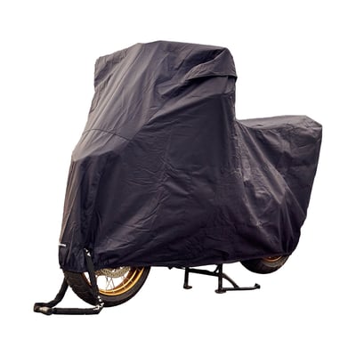 DeLuxe outdoor motorcycle cover for the toughest outdoor circumstances. Comes with a special translucent plastic window for the license plate. This is required by law in some countries when the bike is parked in a public space. 
• Maximum protection against rain, dust, frost and UV. 
• Air vents to avoid condensation. 
• Chain lock openings in front and rear. 
• Soft cotton lining protects against scratches. 
• Heat-resistant lining (up to 300 °C) at exhaust positions. 
• Elastic hem for perfect enclosure. 
• Adjustable strap with snap closure holds cover in place. 
• Double-stitched seams for long lifetime. 
• 100% water- and dustproof. 
• Material: 300D polyester. 
• With license plate window. 
• Comes in handy storage bag. 
Note: Determine the right size of the cover by measuring the length, width and height of your motorcycle. The correct size of the cover has a length that is about 5-10 cm longer than your motorcycle length. For proper ventilation, we recommend to have the cover about 10-20 cm from the ground. In this way air can enter the cover from below and leave the cover through the air vents on top. If the dimensions lie between two sizes, then choose the larger of the two. Because the edge is elasticated, the cover will always fit well.