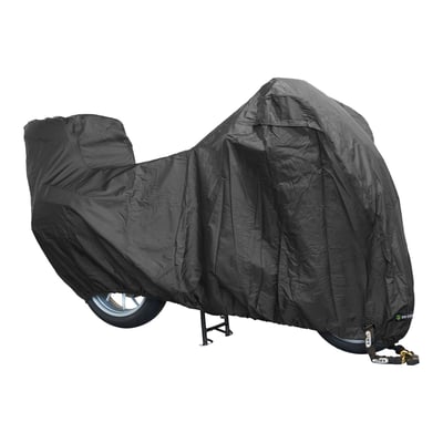 DeLuxe outdoor motorcycle cover for the toughest outdoor circumstances. Comes with a special translucent plastic window for the license plate. This is required by law in some countries when the bike is parked in a public space. 
• High-quality cover for motorcycles with top case.
• Maximum protection against rain, dust, frost and UV.
• Air vents to avoid condensation.
• Chain lock openings in front and rear.
• Soft cotton lining protects against scratches.
• Heat-resistant lining (up to 300 °C) at exhaust positions.
• Elastic hem for perfect enclosure.
• Adjustable strap with snap closure holds cover in place.
• Double-stitched seams for long lifetime.
• 100% water- and dustproof.
• Material: 300D polyester.
• With license plate window. 
• Comes in handy storage bag. 
Note: Determine the right size of the cover by measuring the length, width and height of your motorcycle. The correct size of the cover has a length that is about 5-10 cm longer than your motorcycle length. For proper ventilation, we recommend to have the cover about 10-20 cm from the ground. In this way air can enter the cover from below and leave the cover through the air vents on top. If the dimensions lie between two sizes, then choose the larger of the two. Because the edge is elasticated, the cover will always fit well.