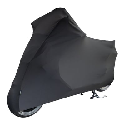 Made from Polyester with 5% lycra for a stretch-like fit, like a sock. 
Stretch-fit cover for indoor protection against dust and dirt. 
• For indoor use. 
• Premium Stretch-Fit. 
• Full elasticated bottom for snug fit. 
• Washable (30°C). 
• Material: Scuba-Knit (95% polyester, 5% lycra). 
• Anti-static (dust-repellent). 
• Paint friendly. 
• Weight: +/- 1500 grams. 
• Breathable and water-repellent. 
• Comes in handy storage bag. 
Note: Determine the right size of the cover by measuring the length, width and height of your motorcycle. The correct size of the cover has a length that is about 5-10 cm longer than your motorcycle length. For proper ventilation, we recommend to have the cover about 10-20 cm from the ground. In this way air can enter the cover from below and leave the cover through the air vents on top. If the dimensions lie between two sizes, then choose the larger of the two. Because the edge is elasticated, the cover will always fit well.