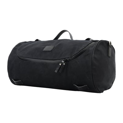 Black waxed. Approx. dimensions: 55cm wide x 28cm diameter. Made from waxed cotton canvas with a polyester inside lining and finished with oiled ranger leather. Great universal roll bag for any sort of trip to anywhere. Throw on the back of your bike or carry it on your shoulder and go. 
Note waxed cotton: The 'Waxed Cotton' material, as used in the Longride product line, is manufactured from approx. 650gr/m 100% cotton cloth. This cloth is impregnated with wax, which makes it durable and gives it water repellant characteristics. This is the historically correct predecessor of synthetic developments like, for instance, Gore-Tex. This is the genuine classic material. 
Note: See 970945 for optional waterproof inner bag liner. 
Note ranger leather: Genuine leather, harvested from West-European cattle. The Ranger Leather is the neck part and this is used for its nice grain. It is environmentally friendly vegetable tanned on a base of the bark of the Mimosa tree. After tanning it is saturated with leather grease for preservation purposes. Maintenance, on a regular base, is advised, like with all leather products.