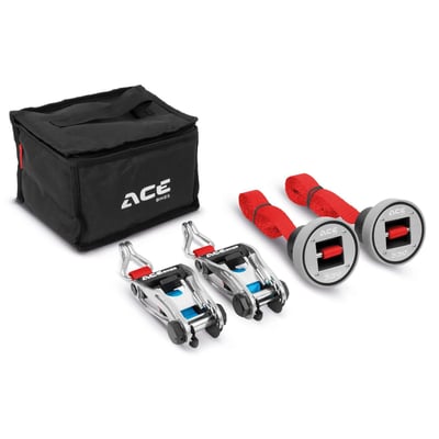The CapStrap open axle tie-down system is designed for BMW motorcycles with 5.3cm hollow axles. The system ensures your motorcycle stays perpendicular and in place wherever you take it. 
- No load on your suspension system. 
- Easy to use. 
- High quality ABS material to prevent scratching. 
- Minimal interference with exhaust or crankcases. 
- Comes with handy carrying bag, ratchets and straps. 
- ABS material. 
- Strap length 135cm. 
- Lashing capacity 500 daN (509kg-force). Net weight 1.5kg. 
- Carrying case size: 24cm long x 7cm wide x 15cm high.