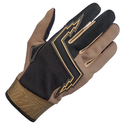 The '80s were the Golden Age of American motocross, when advances in gear design and material technology moved even faster than the legends who wore the stuff. That era and those riders were the inspiration for these Biltwell Baja gloves. 
- Goat leather palm and thumb reinforcement for added toughness in these high friction areas. 
- Synthetic suede palm and thumb construction for a snug, comfortable fit. 
- Stretch polyester construction on ring and pinkie fingers for maximum flexibility. 
- Three-ply woven mesh back panel for ventilation for comfort. 
- Conductive stitching in fingers and thumb lets you operate smart screens. 
- Molded two-ply neoprene wrist wrap with adjustable Velcro closure. 
- Lycra expansion panels in finger joints for added dexterity. 
- Rugged single- and double-needle polyester stitching throughout. 
- Thermoplastic rubber lightning bolt knuckle protector. 
- Hidden 5mm thick neoprene knuckle guard. 
- Goat leather fingertips for extra durability. 
- CE certified for recreational highway and off-road riding.