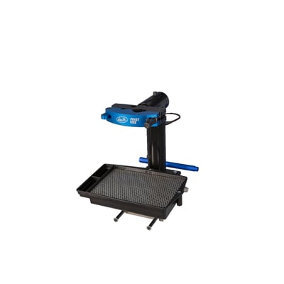 This is a front fork & rear shock absorber maintenance tool. It is used to securely hold the front fork slider for maintenance like oil & seal change. It also will hold the rear shock absorber, on body, shaft or shock reservoir, for maintenance work like spring, piston rod, seal head removal etc. 
- Designed to make suspension service simple and quick. 
- Holds shocks and forks securely while you change oil, re-valve, or change seals. 
- Pivoting head holds parts in any position, with mechanical stops every 45 degrees. 
- Aluminum Soft Jaw Vise holds cylindrically shaped parts utilizing a 4 point grip system. 
- Large side holds 40 mm to 61 mm diameter parts. 
- Small side holds 16 mm to 34 mm diameter parts. 
- Steel Frame is rigid yet has a small footprint, with 4 pre-drilled holes in the base for secure mounting to a workbench. 
- Movable fluid catch pan with mesh insert, and threaded drain bung. 
- HOW IT WORKS ON FORKS -
- Soft Jaw Fork Peg holds fork slider up for removal of dust seal and seal retaining clip. 
- Repositionable bottom slide bar holds forks compressed while bleeding air (priming cartridge) during reassembly and is an excellent platform for adding, adjusting and taking fork oil level measurements. 
- Can be used to assist in removing compression valve assembly (use of stock front axle required). 
- HOW IT WORKS ON REAR SHOCK ABSORBERS - 
- Holds shock firmly around shock body, shaft or shock reservoir. 
- Facilitates removal of piston rod and seal head. 
- Facilitates removal of shock reservoir caps, chamber pistons or bladder. 
- Holds shock to remove spherical bearings or needle bearings. 
- Holds shocks for removal of shock spring.