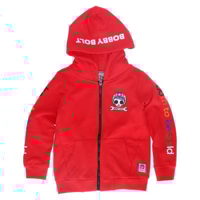 Bobby Bolt, born to be bold! Adventurous, streetwise, rebel, brave, naughty. For the coolest little humans we have this great full zip hoodie made from soft 100% organic french terry cotton fabric for ultimate daily comfort. Available in red, navy and army. Be bold be brave!