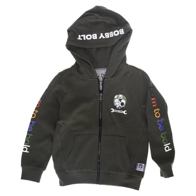 Bobby Bolt, born to be bold! Adventurous, streetwise, rebel, brave, naughty. For the coolest little humans we have this great full zip hoodie made from soft 100% organic french terry cotton fabric for ultimate daily comfort. Available in red, navy and army. Be bold be brave!