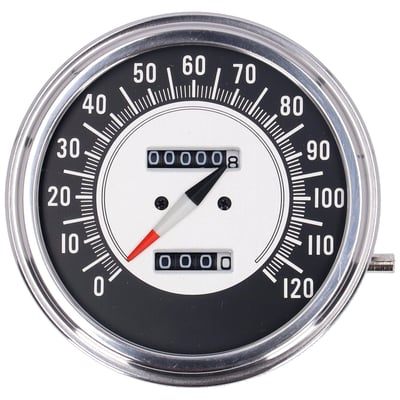 With 5/8-18 threaded speedo cable connector. 
For your reference only:  For identification purposes only we have named the earlier 'FL style' speedo­meter faces with 'model years'. These may not accurately represent actual model years and are for use as reference only. 
Most FL type speedometers are available with K.M.H. or M.P.H faces. All speedometers from the '36-40' face to the '00-03' face styles feature same dimensions and fit the FL, FLH, Fat Bob, FLST, FXST etc. tank mounted style dash. Note that a small modification to the dash, to fit the re-set knob correctly, may be required. 2:1 ratio is suitable for most front wheel drive, 1:1 drive ratio is suitable for most transmission drive models. 84-95 Softail models may have a different 2.24:1 ratio, of which there are listed a few speedometers. 
Note: 1991-up turn signals will no longer self cancel. 
- 60 M.P.H. = 1000 R.P.M. (= 1:1) 
- 60 M.P.H. = 2000 R.P.M. (= 2:1) 
- 60 M.P.H. = 2240 R.P.M. (= 2.24:1) 
- 60 K.M.H. = 700 R.P.M. (= 1:1) 
- 60 K.M.H. = 1400 R.P.M. (= 2:1)