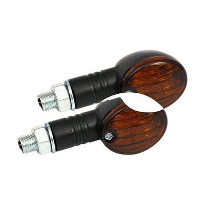 - Black housing 
- Dark amber lens 
- ECE approved 
- Lens dimensions 29mm high x 36mm wide 
- Stem length 20mm 
- M10 threaded x 18mm long mount bolt. 
Note: See 940847 for a 12-Volt 21W halogen replacement bulb. 
Note: See 940805 for a replacement Dark Amber lens only.