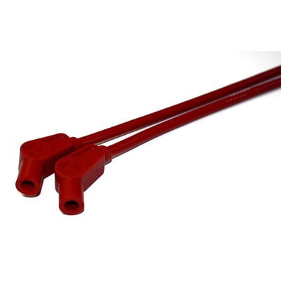 Includes 24" long wires with pre-attached 135º plug boots (with double interlocking connectors) and two 180° (straight) coil boots and connectors. Cut to length required. Spiro-Pro core. Compatible with both electronic and points style ignitions. The special spiral wound ferromagnetic core provides resistance, 350 Ohms/ft., for electronic ignition systems and increases output. The Spiro Pro core provides over 10 times the power output when compared to a carbon core. 

Note: Some electronic ignition manufacturers do not recommend using spiral wound core cables. Check the instruction manual of your electronic ignition module for more information. When in doubt it is advised to use suppression core cables for electronic ignition set-ups. 
Note: If required, 90° (MCS 941256) and 180° straight (MCS 941257) coil boots & terminal connectors are separately available to use these spark plug wires on 99-17 (Twin Cam) style coils.