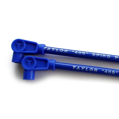 Blue wires with gold lettering. Plug & coil boots are black. Includes 16" and 7" wires with 90° plug boots and 180° (straight) coil boots. According to Taylor these are the best spark plug wires money can buy. Made of a 40 Ohm/ft. Ferrite spiral core with a blend of copper nickel alloy which is bonded by a conductive acrylic cover. Feature two layers of pure Zimplex silicone for 600°F (315°C) heat protection. Excellent RFI and EMI suppression and  compatible with most ignition systems and electronic components. Comes with 100% silicone plug boots with double spring locking spark plug terminals that will resist vibrations. 

Note: Compatible with all H-D ignitions. If you have an aftermarket ignition, please check with manufacturer's ohm requirements. For very high ohm ratings you can use Taylor's Carbon Core wire sets. For magnetos and point ignitions Taylor's metallic core wire sets are recommended.