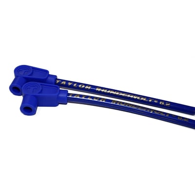 Blue wires with gold lettering. Plug & coil boots are black. Includes two identical wires. 12" long with 90° plug boots and 90° coil boots. According to Taylor these are the best spark plug wires money can buy. Made of a 40 Ohm/ft. Ferrite spiral core with a blend of copper nickel alloy which is bonded by a conductive acrylic cover. Feature two layers of pure Zimplex silicone for 600°F (315°C) heat protection. Excellent RFI and EMI suppression and  compatible with most ignition systems and electronic components. Comes with 100% silicone plug boots with double spring locking spark plug terminals that will resist vibrations. 

Note: Compatible with all H-D ignitions. If you have an aftermarket ignition, please check with manufacturer's ohm requirements. For very high ohm ratings you can use Taylor's Carbon Core wire sets. For magnetos and point ignitions Taylor's metallic core wire sets are recommended.