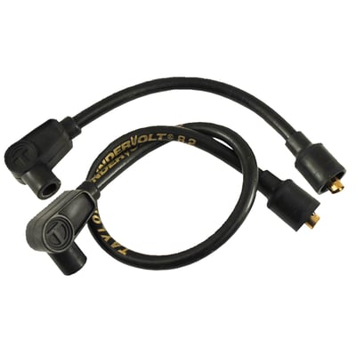 Black wires with gold lettering. Plug & coil boots are black. Includes one 18" wire with 90° (straight) plug and 180° (straight)coil boot. The other wire is 9" with 90° plug boot and a 180° (straight) coil boot. According to Taylor these are the best spark plug wires money can buy. Made of a 40 Ohm/ft. Ferrite spiral core with a blend of copper nickel alloy which is bonded by a conductive acrylic cover. Feature two layers of pure Zimplex silicone for 600°F (315°C) heat protection. Excellent RFI and EMI suppression and compatible with most ignition systems and electronic components. Comes with 100% silicone plug boots with double spring locking spark plug terminals that will resist vibrations. 

Note: Compatible with all H-D ignitions. If you have an aftermarket ignition, please check with manufacturer's ohm requirements. For very high ohm ratings you can use Taylor's Carbon Core wire sets. For magnetos and point ignitions Taylor's metallic core wire sets are recommended.