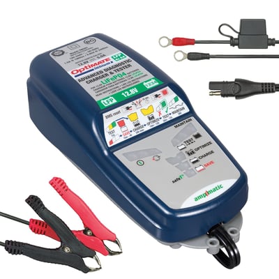 With EU wall plug. 10-step 12.8V/13.2V 6A battery saving charger-tester-maintainer. The ultimate LiFePO4 / LPF Lithium Iron Phosphate) professional level battery diagnostic & maintenance charger and tester for batteries from 3 to 72 Amp-hour. 
- 10 steps: 1 low volt start (0.5V); 2 Test before charge; 3 Temperature check; 4 Ultra low volt save; 5 cell monitoring; 6 Test cell damage; 7 cel-balancing charge; 8 Optimize; 9 Test after charge; 10 24-7 maintenance 
- Starts from 0.5V with continuous monitoring / testing of charge acceptance or bad / shorted cell condition. Unnecessary (and unsafe) charging of a bad battery is prevented 
- Indoor / Outdoor (lowest temperature: -40°F / -40°C) 
- Input 100-240V 50-60Hz, high efficiency (CEC listed) 
- Weatherproof case with wall mounts, with 6ft / 180cm AC supply lead and 6ft / 180cm charge lead ending in SAE connector 
- Low Volt Start of 0.5V + 3 step low volt save & test 
- Includes weatherproof battery lead & battery clip set 
- No risk of overcharging 
- Sparks suppressed 
- Safe for vehicle electronics 
- Safe for long-term battery maintenance 
- Automatic shut-down if short-circuited or battery disconnected 