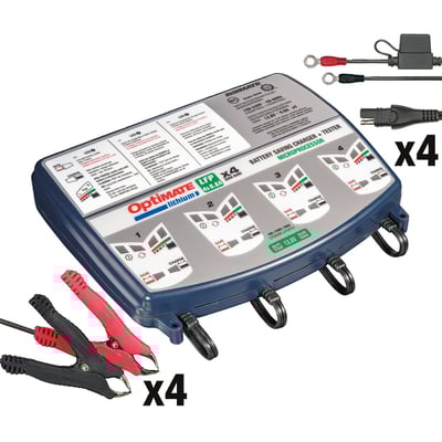 With EU wall plug. 4-bank x 8-step 12.8/13.2V 0.8A Battery saving charger-tester-maintainer. Charges up to 4 x LiFePO4 / LFP (Lithium Iron Phosphate) 4-series batteries with nominal voltage of 12.8V – 13.2V. Each bank charges independently. 
- Saves low voltage LiFePO4 batteries 
- Specialized LiFePO4 charge cycle 
- Maintains & protects LiFePO4 batteries 
- Battery BMS (Battery Management System) reset 
- Charging Amps: 0.8A per bank 
- Indoor & Outdoor invironment (lowest temperature: -4°F / -20°C) 
- Save: Low Volt Start of 0.5V + 3 step low volt save & test 
- For LiFePO4 (LFP) 4 series cell 12.8 / 13.2V batteries from 2 – 30Ah 
- Input: Global (100-240V 50-60Hz), high efficiency (CEC listed), fully sealed 
- Weatherproof case with wall mounts 
- Incl. 6ft / 180cm AC supply lead and 4 x 6ft / 180cm charge lead ending in SAE connector. 4 x Weatherproof battery lead & 4 x standard battery clip set included 
- No risk of overcharging 
- Sparks suppressed 
- Safe for vehicle electronics
- Safe for long-term battery maintenance 
- Automatic shut-down if short-circuited or battery disconnected
